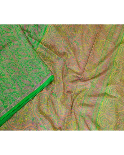 Sanskriti Vintage Green Printed Sarees 100% Pure Silk Sari 5Yd Soft Craft Fabric, PR-59746-Green-Printed Floral Design-Pure Silk-3