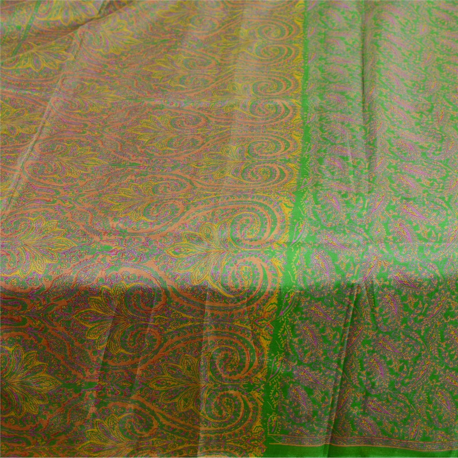 Sanskriti Vintage Green Printed Sarees 100% Pure Silk Sari 5Yd Soft Craft Fabric, PR-59746-Green-Printed Floral Design-Pure Silk-4