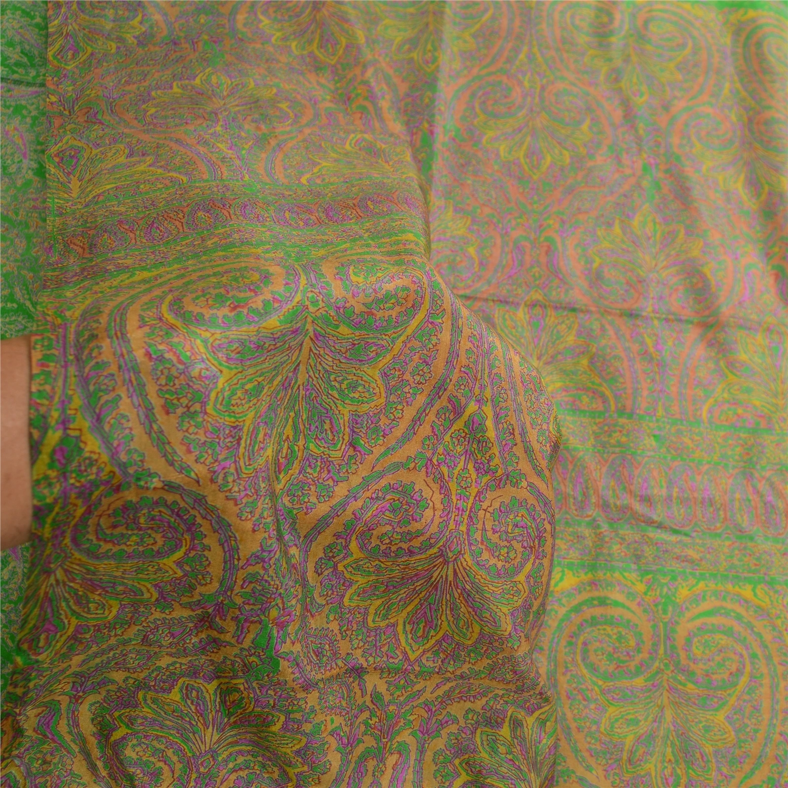 Sanskriti Vintage Green Printed Sarees 100% Pure Silk Sari 5Yd Soft Craft Fabric, PR-59746-Green-Printed Floral Design-Pure Silk-6