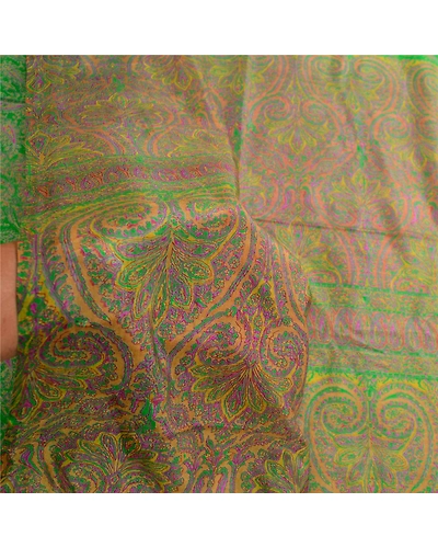 Sanskriti Vintage Green Printed Sarees 100% Pure Silk Sari 5Yd Soft Craft Fabric, PR-59746-Green-Printed Floral Design-Pure Silk-6