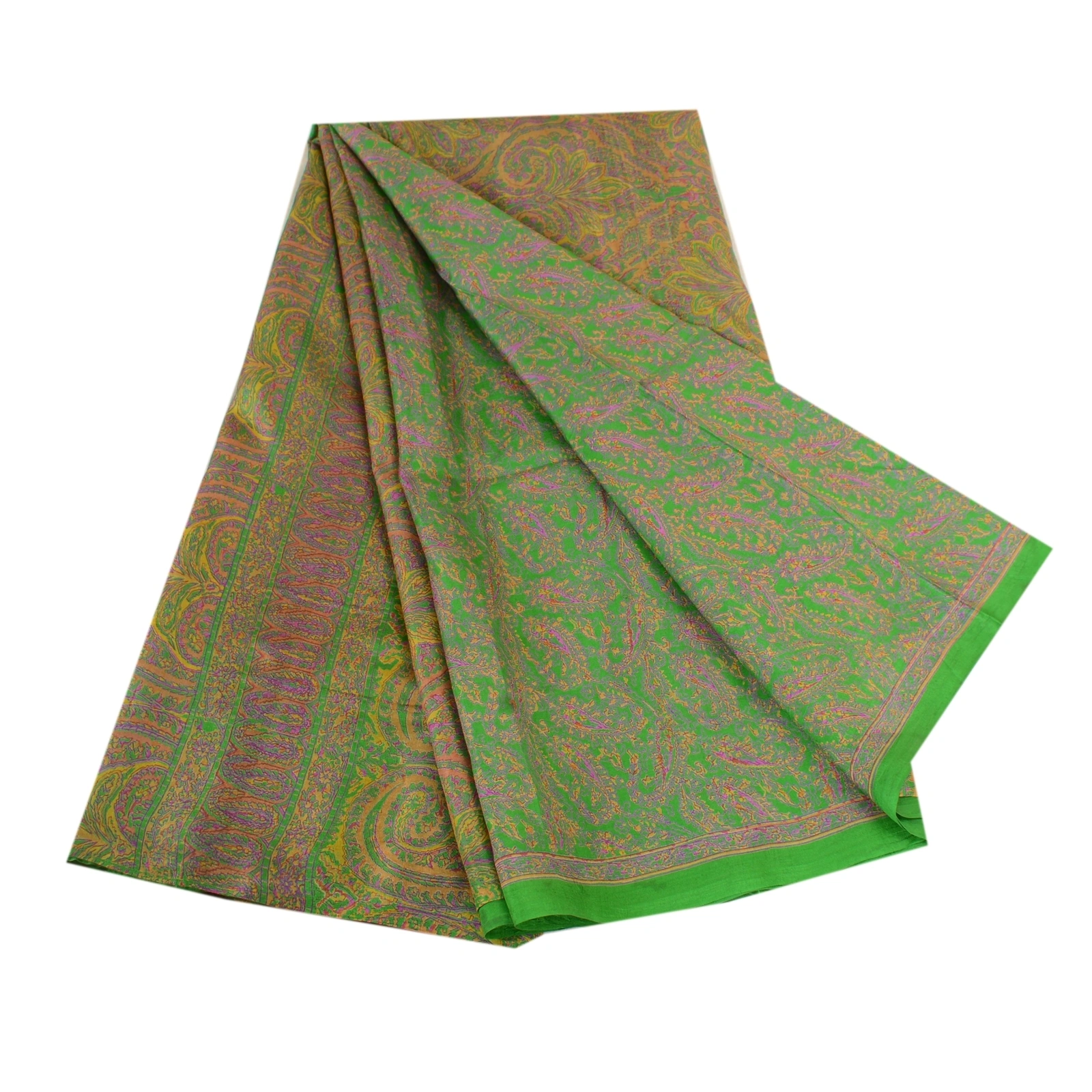 Sanskriti Vintage Green Printed Sarees 100% Pure Silk Sari 5Yd Soft Craft Fabric, PR-59746-Green-Printed Floral Design-Pure Silk-7