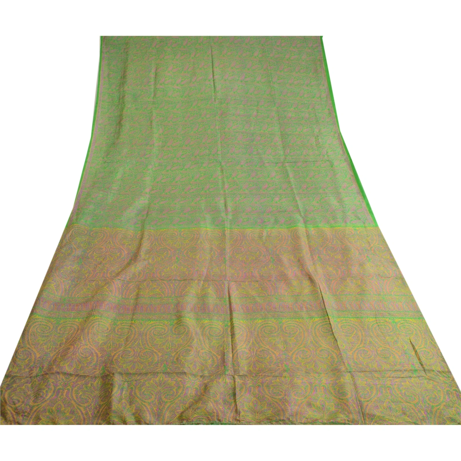 Sanskriti Vintage Green Printed Sarees 100% Pure Silk Sari 5Yd Soft Craft Fabric, PR-59746-Green-Printed Floral Design-Pure Silk-8