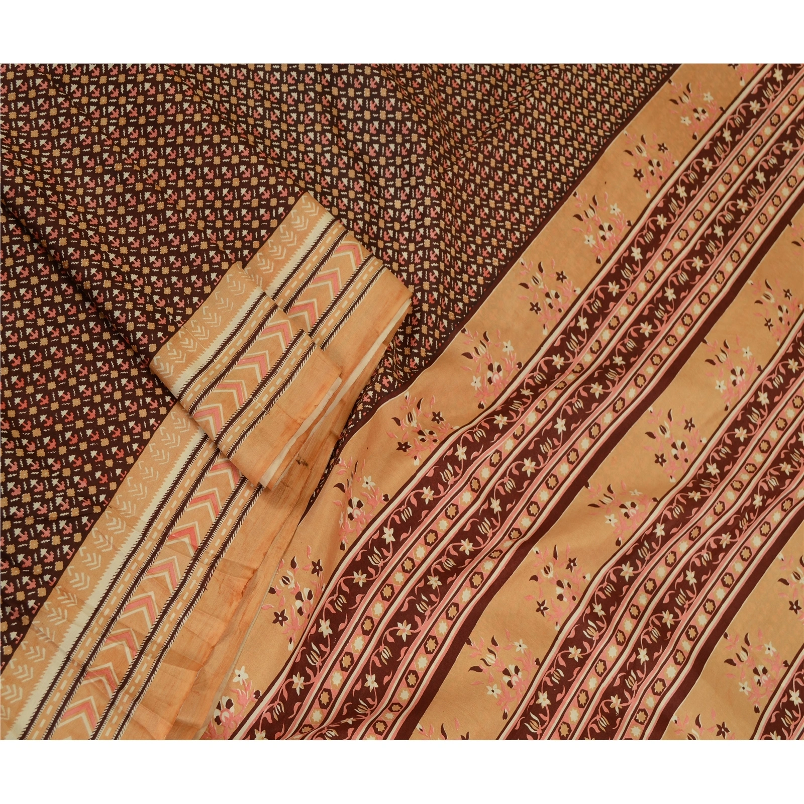 Sanskriti Vintage Brown Sarees 100% Pure Silk Printed Sari 5Yd Soft Craft Fabric, PR-59765-Brown-Printed Floral Design-Pure Silk-1