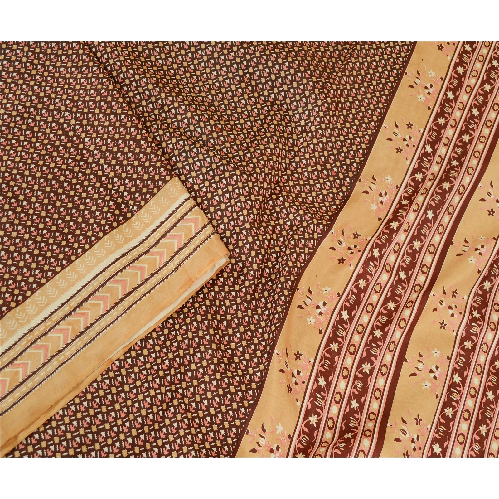 Sanskriti Vintage Brown Sarees 100% Pure Silk Printed Sari 5Yd Soft Craft Fabric, PR-59765-Brown-Printed Floral Design-Pure Silk-2