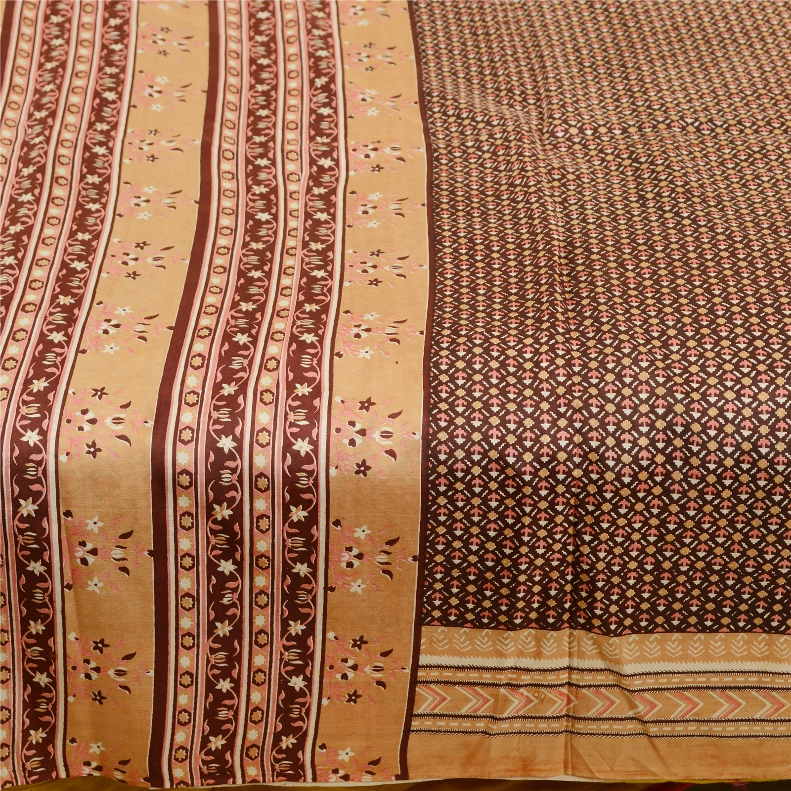 Sanskriti Vintage Brown Sarees 100% Pure Silk Printed Sari 5Yd Soft Craft Fabric, PR-59765-Brown-Printed Floral Design-Pure Silk-3