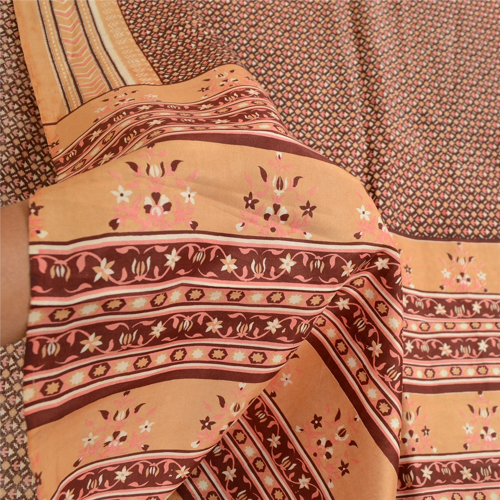 Sanskriti Vintage Brown Sarees 100% Pure Silk Printed Sari 5Yd Soft Craft Fabric, PR-59765-Brown-Printed Floral Design-Pure Silk-5