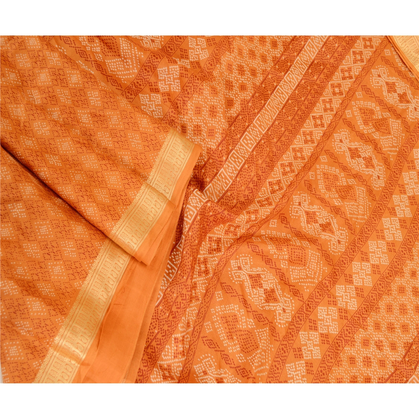 Sanskriti Vintage Saffron Bandhani Printed Sarees Pure Silk Sari Craft Fabric, PR-59800-Saffron-Printed Floral Design-Pure Silk-1