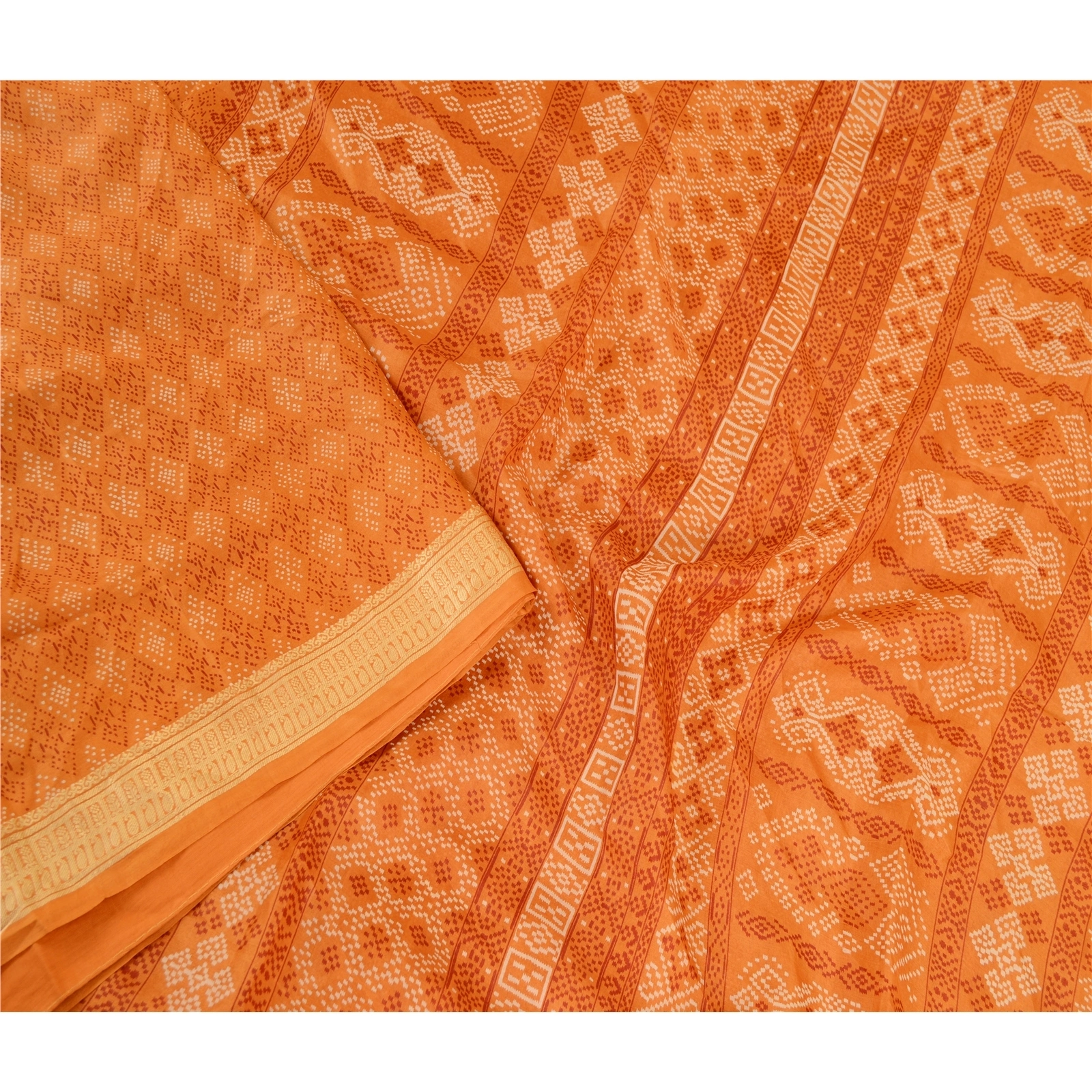 Sanskriti Vintage Saffron Bandhani Printed Sarees Pure Silk Sari Craft Fabric, PR-59800-Saffron-Printed Floral Design-Pure Silk-2