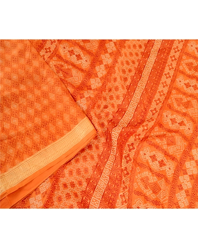 Sanskriti Vintage Saffron Bandhani Printed Sarees Pure Silk Sari Craft Fabric, PR-59800-Saffron-Printed Floral Design-Pure Silk-2