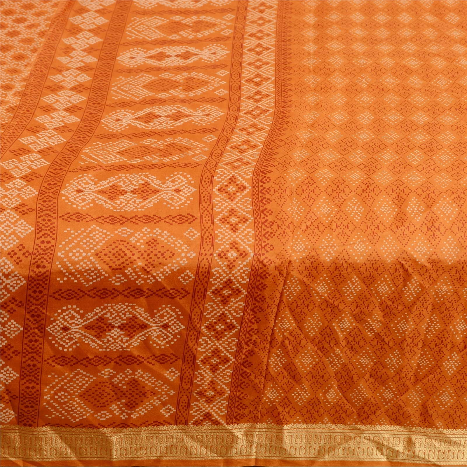 Sanskriti Vintage Saffron Bandhani Printed Sarees Pure Silk Sari Craft Fabric, PR-59800-Saffron-Printed Floral Design-Pure Silk-3