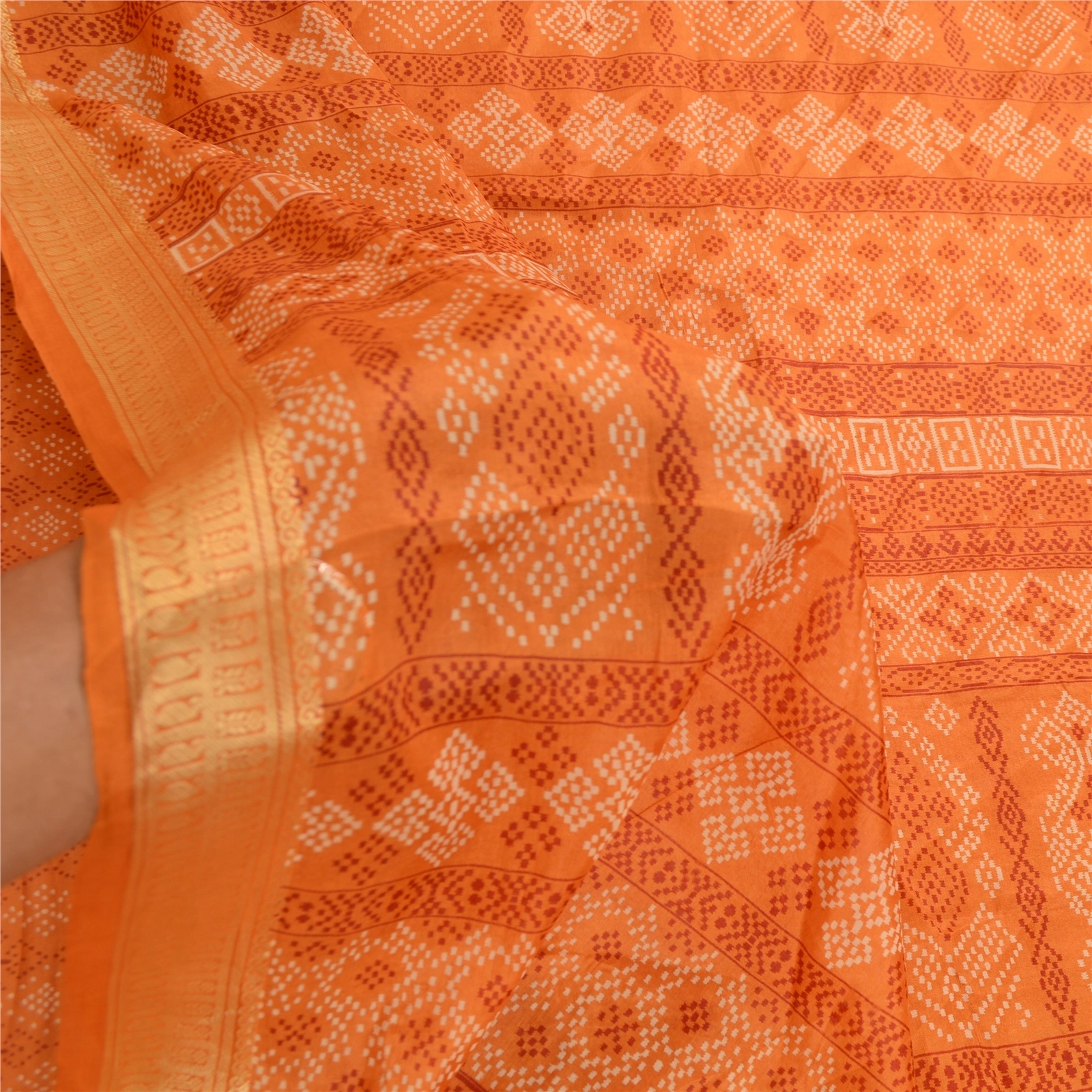 Sanskriti Vintage Saffron Bandhani Printed Sarees Pure Silk Sari Craft Fabric, PR-59800-Saffron-Printed Floral Design-Pure Silk-5