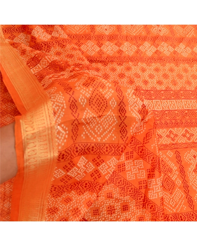 Sanskriti Vintage Saffron Bandhani Printed Sarees Pure Silk Sari Craft Fabric, PR-59800-Saffron-Printed Floral Design-Pure Silk-5
