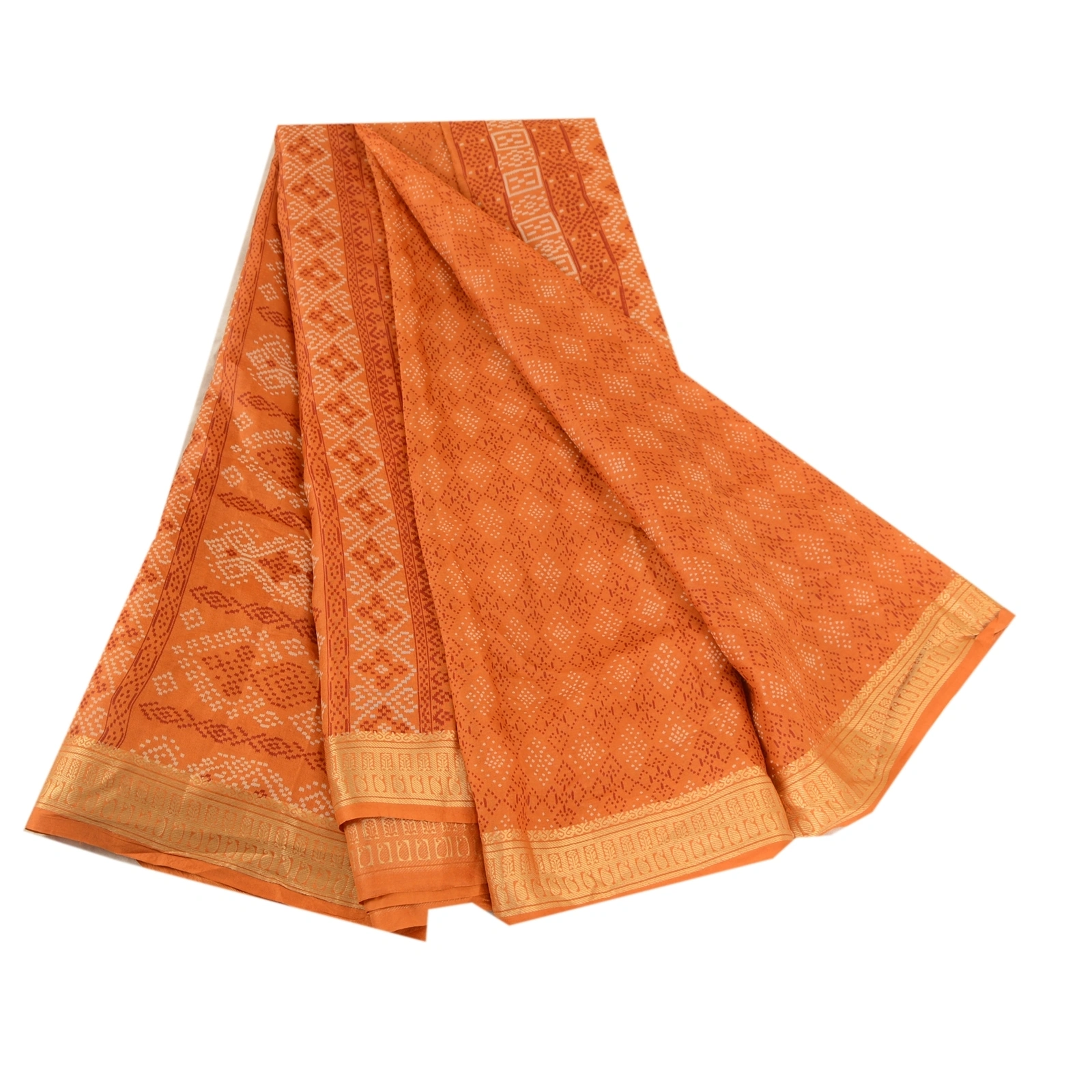 Sanskriti Vintage Saffron Bandhani Printed Sarees Pure Silk Sari Craft Fabric, PR-59800-Saffron-Printed Floral Design-Pure Silk-6