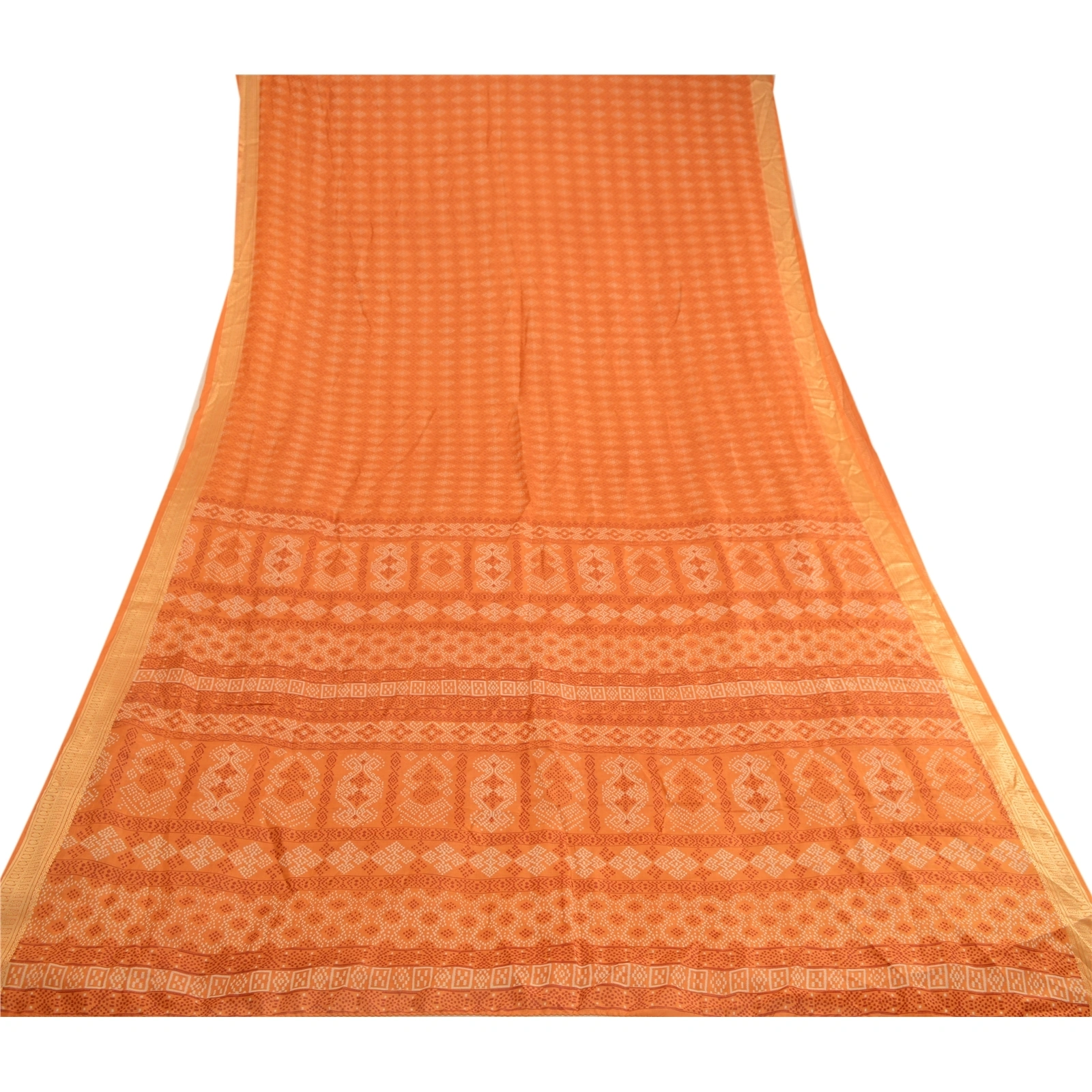 Sanskriti Vintage Saffron Bandhani Printed Sarees Pure Silk Sari Craft Fabric, PR-59800-Saffron-Printed Floral Design-Pure Silk-7