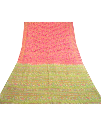Sanskriti Vintage Pink Indian Sarees Pure Silk Printed Sari Floral Craft Fabric, PR-59801-Pink-Printed Floral Design-Pure Silk-7