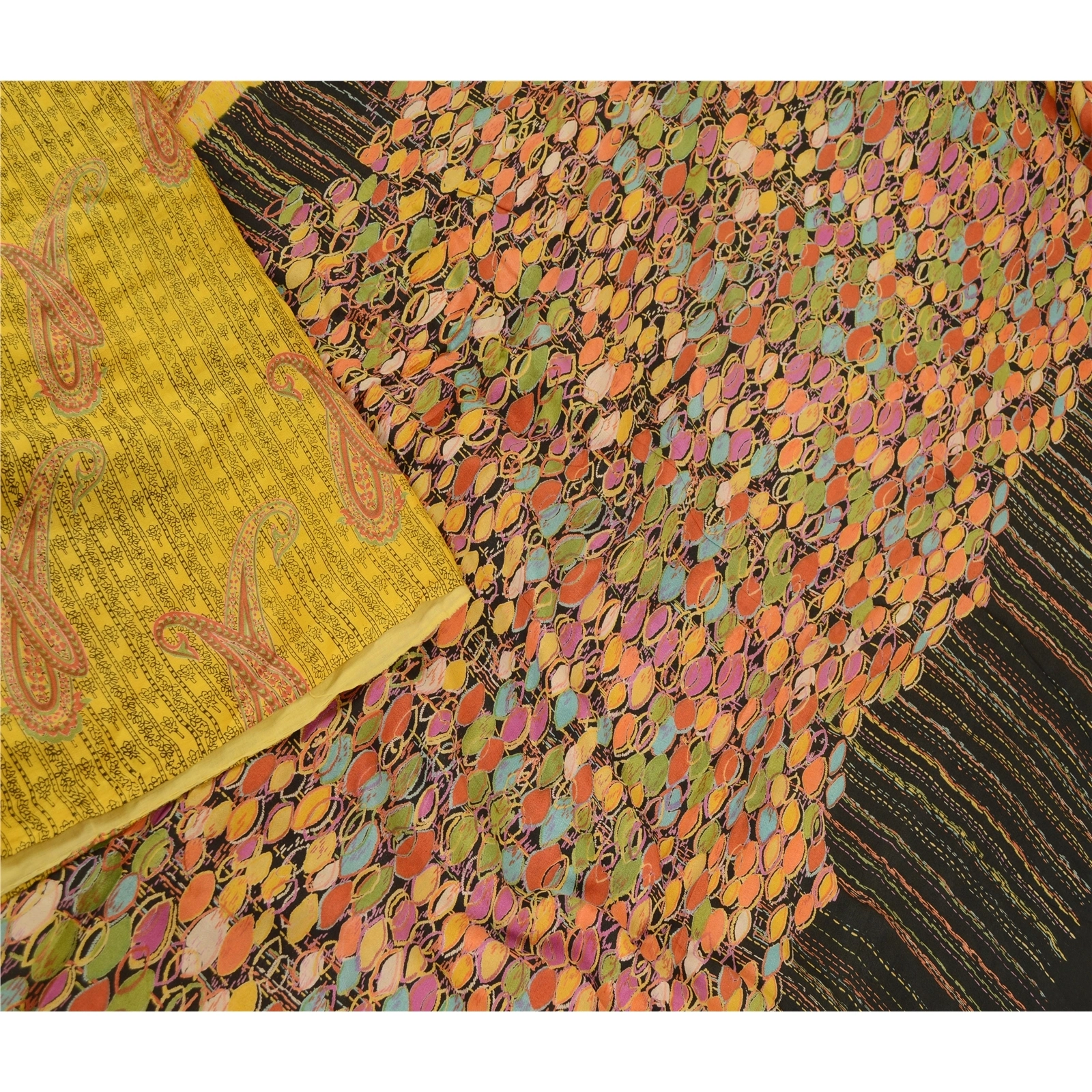 Sanskriti Vintage Yellow Printed Sarees 100% Pure Silk Sari Floral Craft Fabric, PR-59828-Yellow-Printed Floral Design-Pure Silk-2