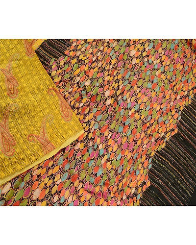 Sanskriti Vintage Yellow Printed Sarees 100% Pure Silk Sari Floral Craft Fabric, PR-59828-Yellow-Printed Floral Design-Pure Silk-2