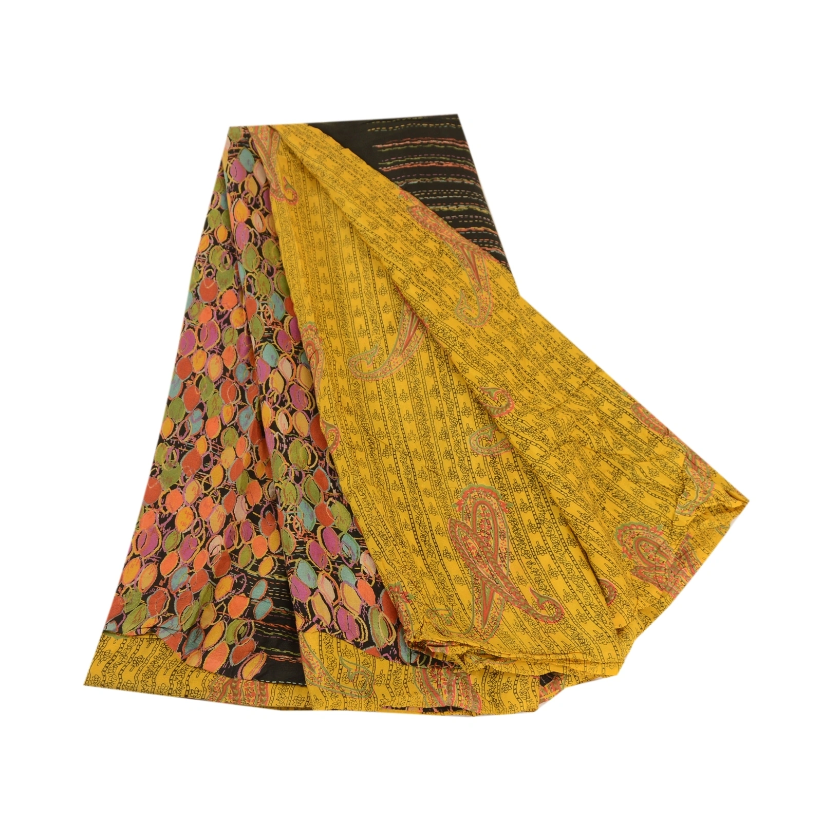 Sanskriti Vintage Yellow Printed Sarees 100% Pure Silk Sari Floral Craft Fabric, PR-59828-Yellow-Printed Floral Design-Pure Silk-6