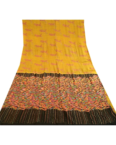 Sanskriti Vintage Yellow Printed Sarees 100% Pure Silk Sari Floral Craft Fabric, PR-59828-Yellow-Printed Floral Design-Pure Silk-7