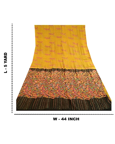 Sanskriti Vintage Yellow Printed Sarees 100% Pure Silk Sari Floral Craft Fabric, PR-59828-Yellow-Printed Floral Design-Pure Silk-8