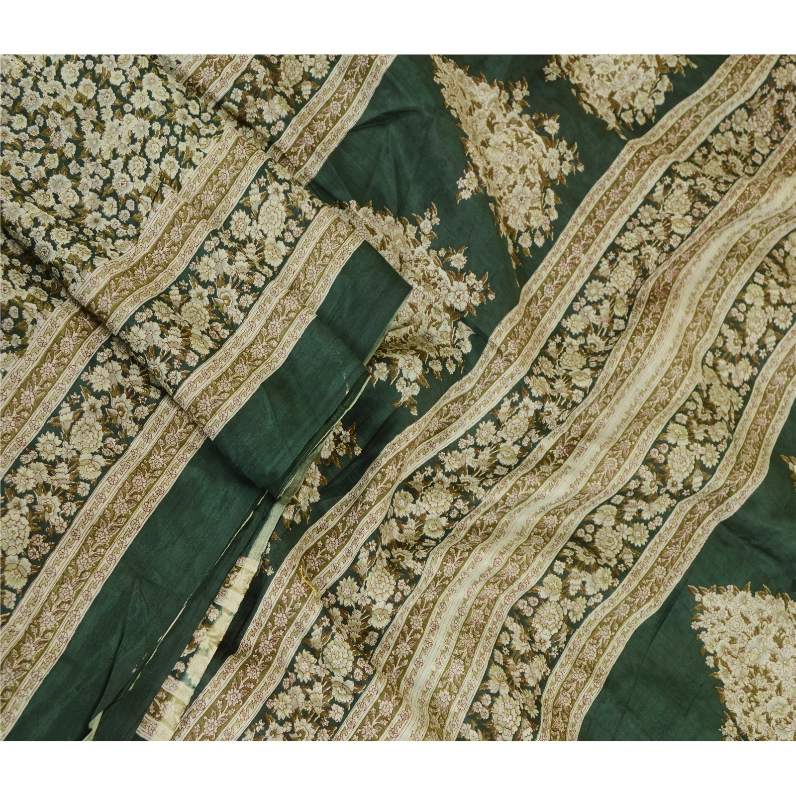 Sanskriti Vintage Sarees Indian Printed Green Blend Silk Sari 5Yd Craft Fabric, PR-59939-Green-Printed Floral Design-Blend Silk-2