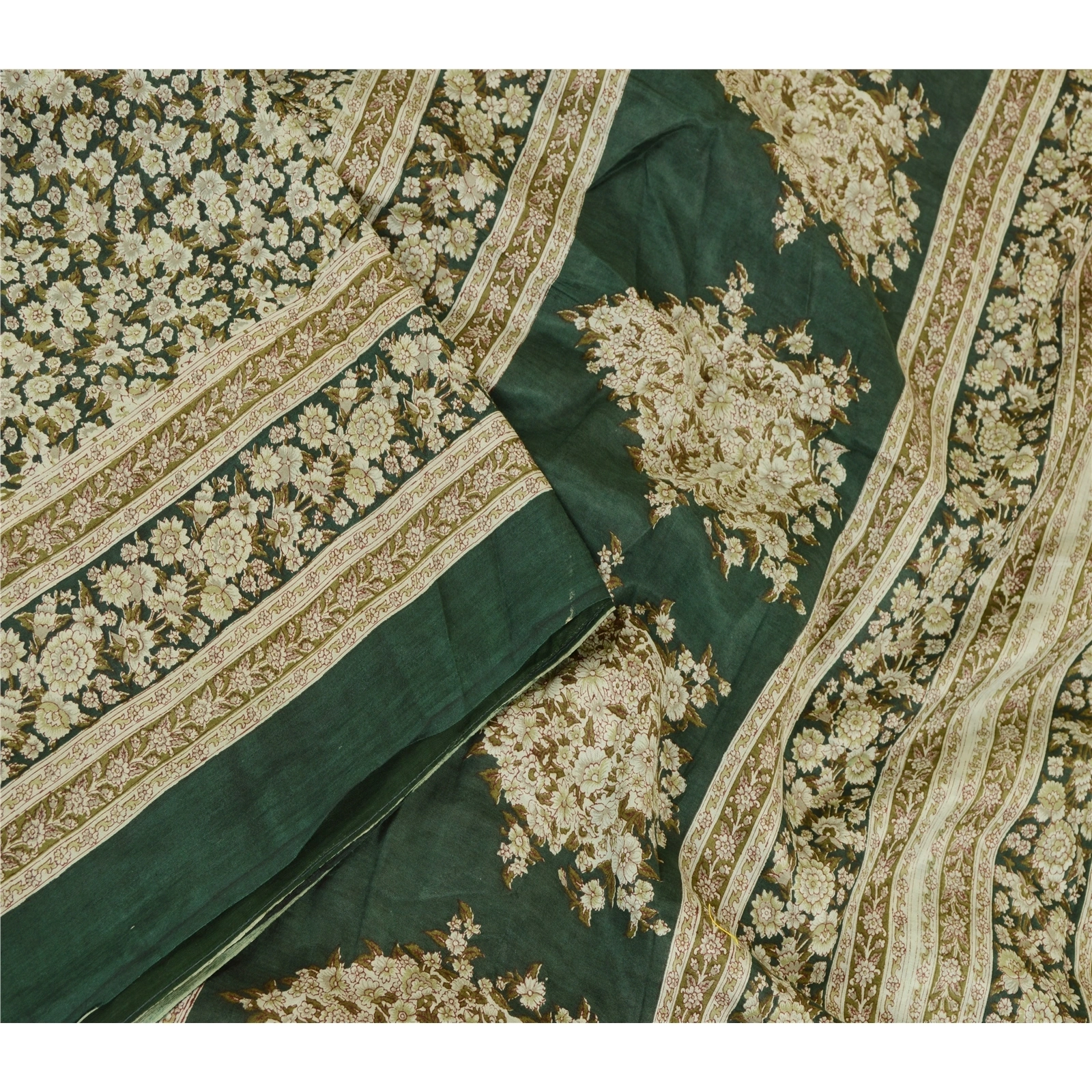 Sanskriti Vintage Sarees Indian Printed Green Blend Silk Sari 5Yd Craft Fabric, PR-59939-Green-Printed Floral Design-Blend Silk-3