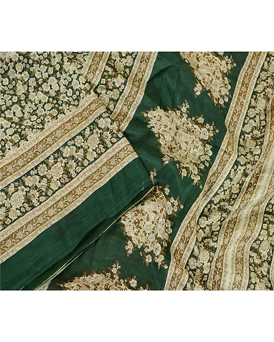 Sanskriti Vintage Sarees Indian Printed Green Blend Silk Sari 5Yd Craft Fabric, PR-59939-Green-Printed Floral Design-Blend Silk-3
