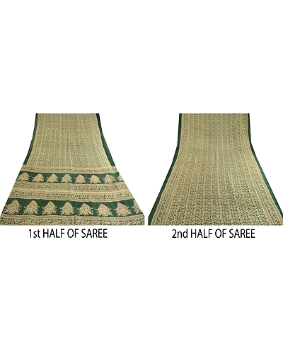 Sanskriti Vintage Sarees Indian Printed Green Blend Silk Sari 5Yd Craft Fabric, PR-59939-Green-Printed Floral Design-Blend Silk-5