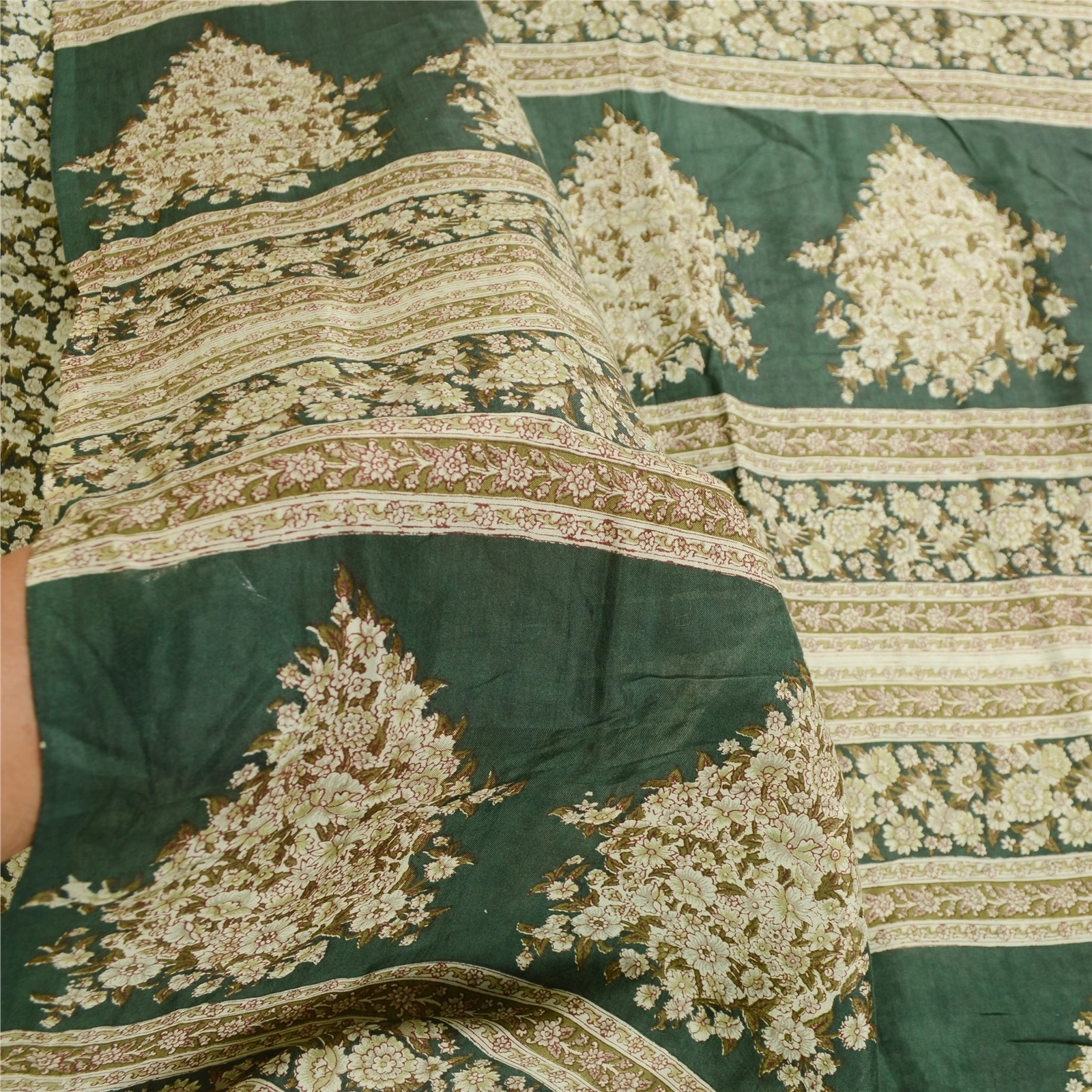 Sanskriti Vintage Sarees Indian Printed Green Blend Silk Sari 5Yd Craft Fabric, PR-59939-Green-Printed Floral Design-Blend Silk-6