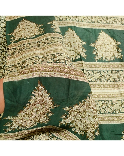 Sanskriti Vintage Sarees Indian Printed Green Blend Silk Sari 5Yd Craft Fabric, PR-59939-Green-Printed Floral Design-Blend Silk-6