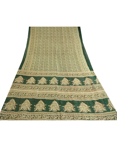 Sanskriti Vintage Sarees Indian Printed Green Blend Silk Sari 5Yd Craft Fabric, PR-59939-Green-Printed Floral Design-Blend Silk-8