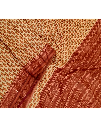 Sanskriti Vintage Sarees Cream Printed Pure Silk Sari Floral Soft Craft Fabric, PR-60063-Cream-Printed Floral Design-Pure Silk-1