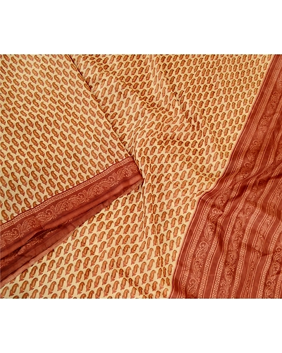 Sanskriti Vintage Sarees Cream Printed Pure Silk Sari Floral Soft Craft Fabric, PR-60063-Cream-Printed Floral Design-Pure Silk-2