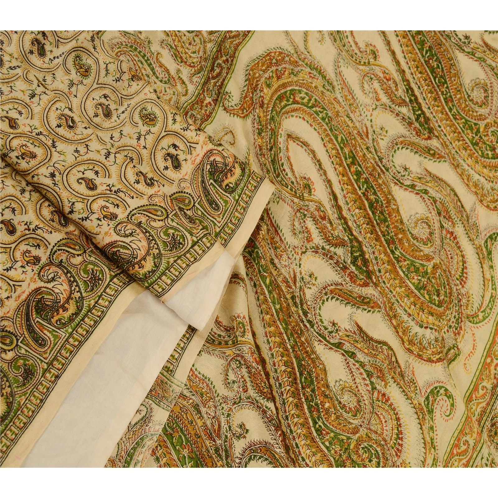 Sanskriti Vintage Sarees Cream Printed 100% Pure Silk Sari Floral Craft Fabric, PR-60073-Cream-Printed Floral Design-Pure Silk-1