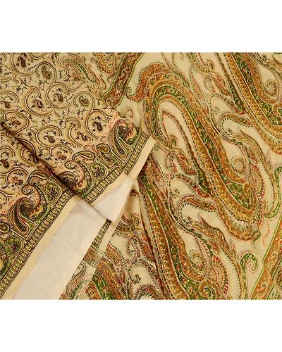 Sanskriti Vintage Sarees Cream Printed 100% Pure Silk Sari Floral Craft Fabric, PR-60073-Cream-Printed Floral Design-Pure Silk-1
