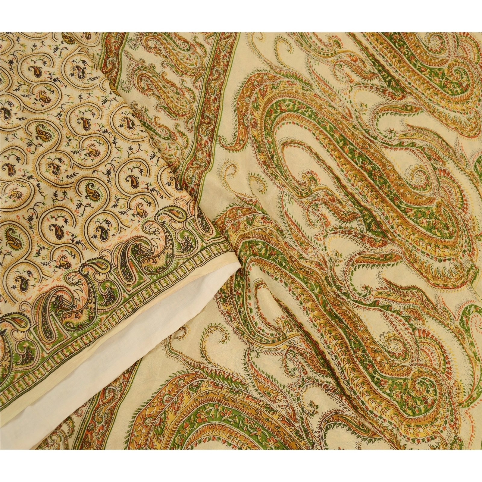 Sanskriti Vintage Sarees Cream Printed 100% Pure Silk Sari Floral Craft Fabric, PR-60073-Cream-Printed Floral Design-Pure Silk-2