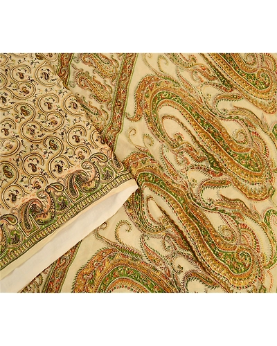 Sanskriti Vintage Sarees Cream Printed 100% Pure Silk Sari Floral Craft Fabric, PR-60073-Cream-Printed Floral Design-Pure Silk-2
