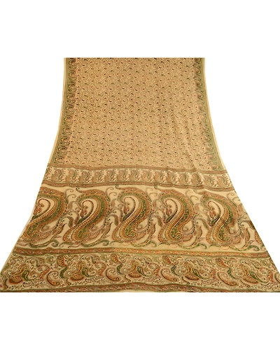 Sanskriti Vintage Sarees Cream Printed 100% Pure Silk Sari Floral Craft Fabric, PR-60073-Cream-Printed Floral Design-Pure Silk-7