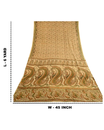 Sanskriti Vintage Sarees Cream Printed 100% Pure Silk Sari Floral Craft Fabric, PR-60073-Cream-Printed Floral Design-Pure Silk-8