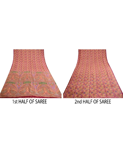 Sanskriti Vintage Indian Sarees Pink Printed 100% Pure Silk Sari Craft Fabric, PR-60082-Pink-Printed Floral Design-Pure Silk-4