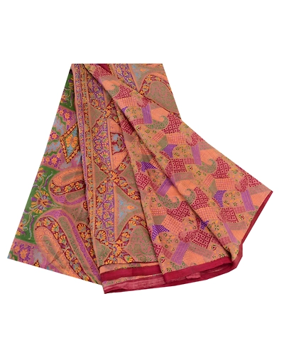 Sanskriti Vintage Indian Sarees Pink Printed 100% Pure Silk Sari Craft Fabric, PR-60082-Pink-Printed Floral Design-Pure Silk-6