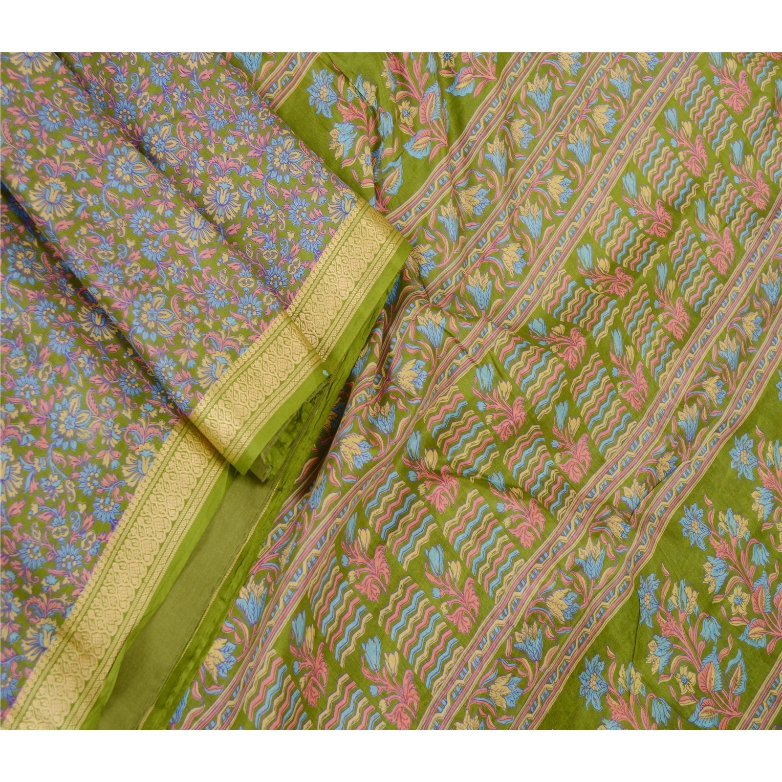 Sanskriti Vintage Green Indian Sarees Printed Pure Silk Sari Soft Craft Fabric, PR-60098-Green-Printed Floral Design-Pure Silk-1