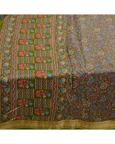 Sanskriti Vintage Green Indian Sarees Printed Pure Silk Sari Soft Craft Fabric, PR-60098-Green-Printed Floral Design-Pure Silk-3