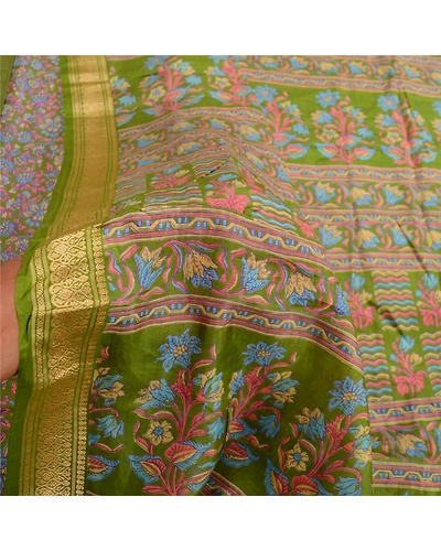 Sanskriti Vintage Green Indian Sarees Printed Pure Silk Sari Soft Craft Fabric, PR-60098-Green-Printed Floral Design-Pure Silk-5