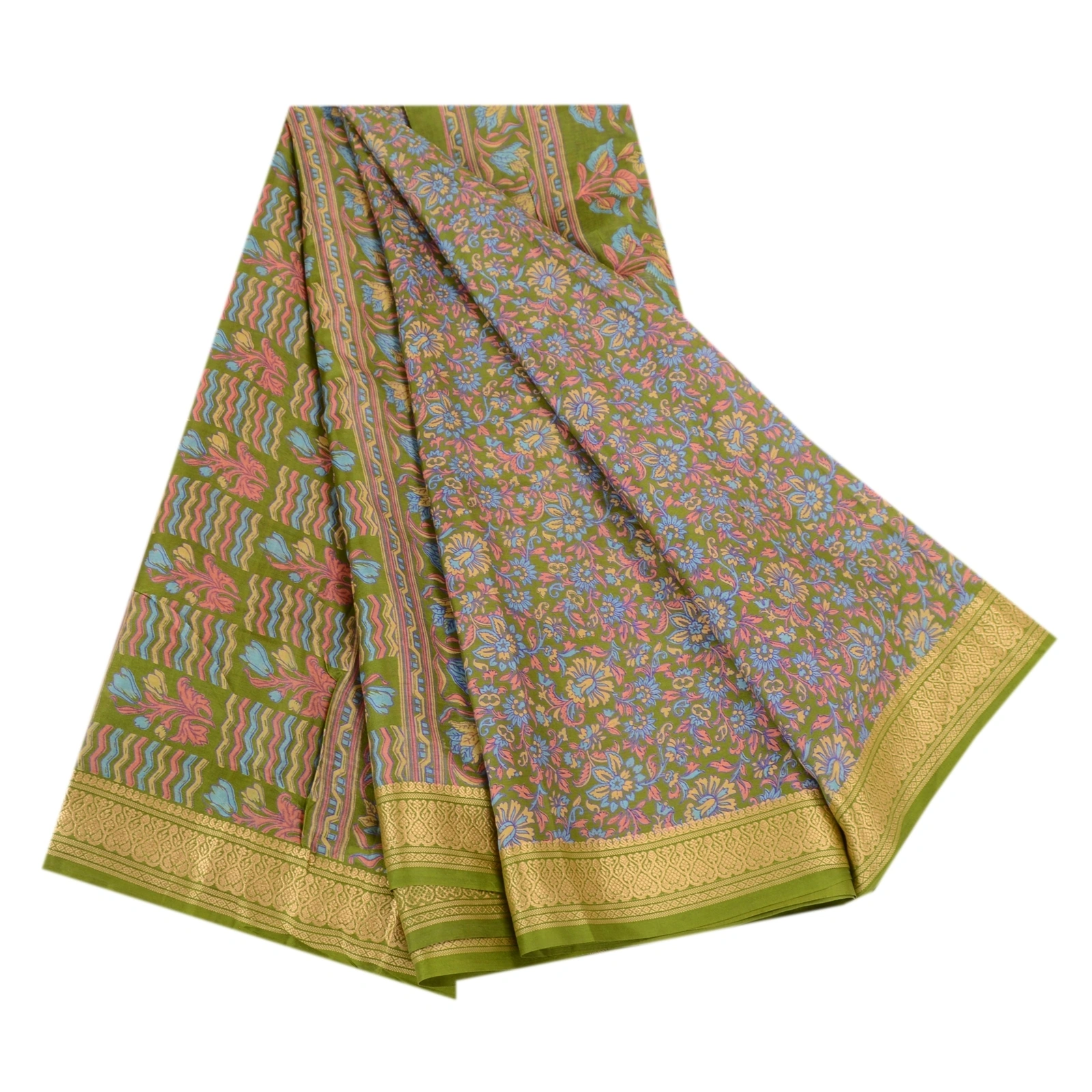 Sanskriti Vintage Green Indian Sarees Printed Pure Silk Sari Soft Craft Fabric, PR-60098-Green-Printed Floral Design-Pure Silk-6