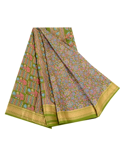 Sanskriti Vintage Green Indian Sarees Printed Pure Silk Sari Soft Craft Fabric, PR-60098-Green-Printed Floral Design-Pure Silk-6