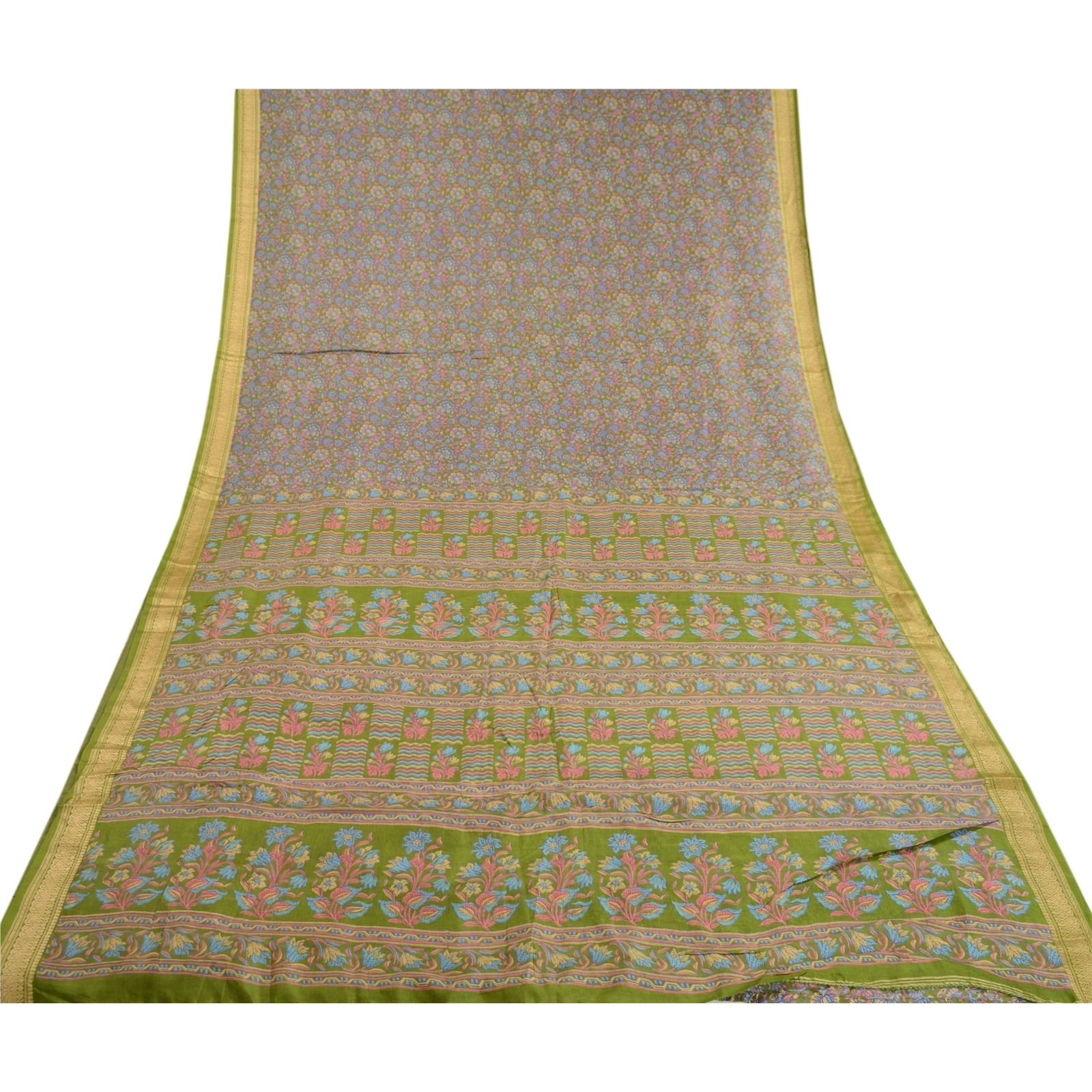 Sanskriti Vintage Green Indian Sarees Printed Pure Silk Sari Soft Craft Fabric, PR-60098-Green-Printed Floral Design-Pure Silk-7