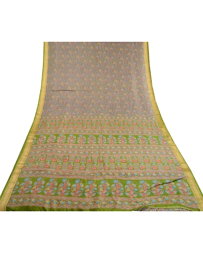 Sanskriti Vintage Green Indian Sarees Printed Pure Silk Sari Soft Craft Fabric, PR-60098-Green-Printed Floral Design-Pure Silk-7
