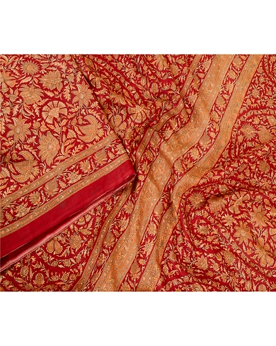Sanskriti Vintage Dark Red Sarees Pure Silk Printed Sari Soft 5Yd Craft Fabric, PR-60127-Dark Red-Printed Floral Design-Pure Silk-2