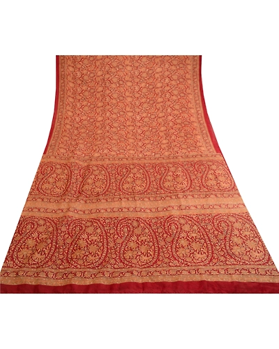 Sanskriti Vintage Dark Red Sarees Pure Silk Printed Sari Soft 5Yd Craft Fabric, PR-60127-Dark Red-Printed Floral Design-Pure Silk-7